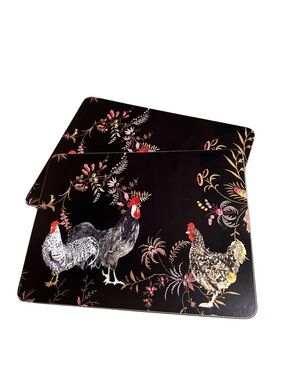 Williams Sonoma Placemats Rooster Francais Set 2 Black Lacquer Cork Backed
